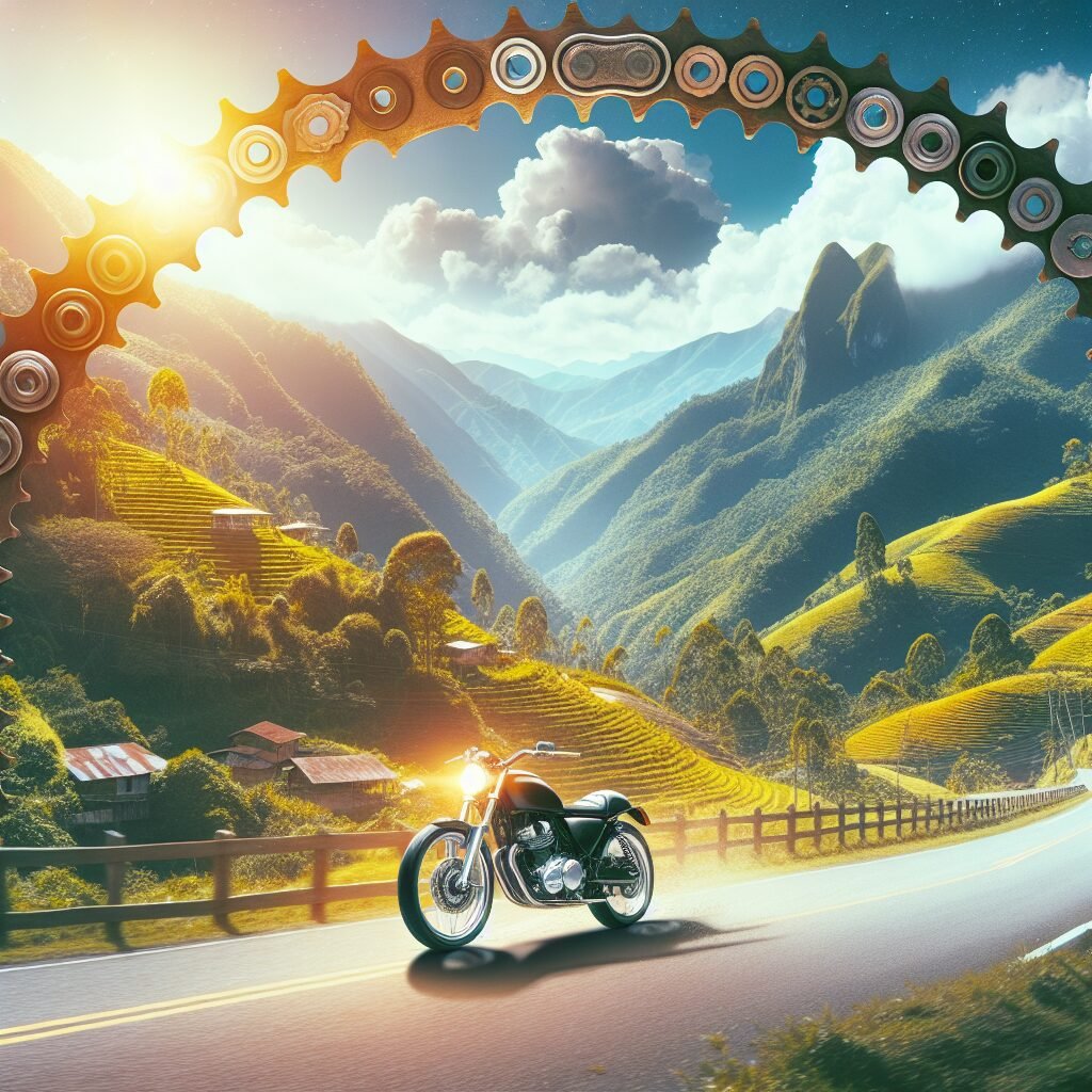 Motocicleta dinámica en carretera colombiana mostrando cadena y piñón