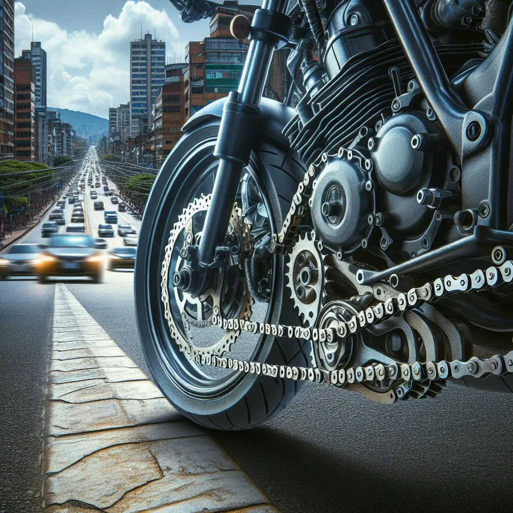 Motocicleta en carretera urbana colombiana con enfoque en cadena y piñón estándar.
