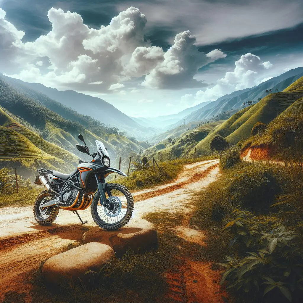 Motocicleta en terreno rural colombiano con cadena y piñón robustos.