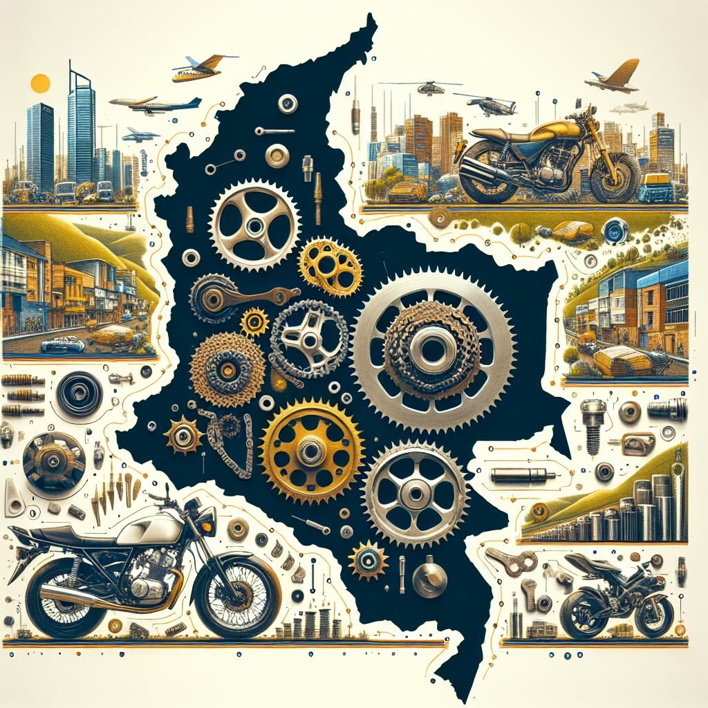 Collage de cadenas y piñones de motocicletas con mapa de Colombia en el fondo