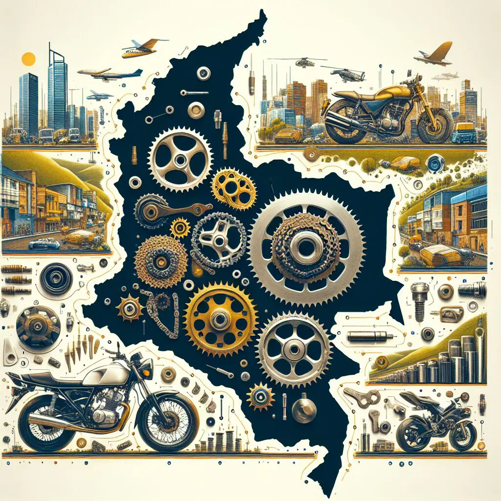 Collage de cadenas y piñones de motocicletas con mapa de Colombia en el fondo